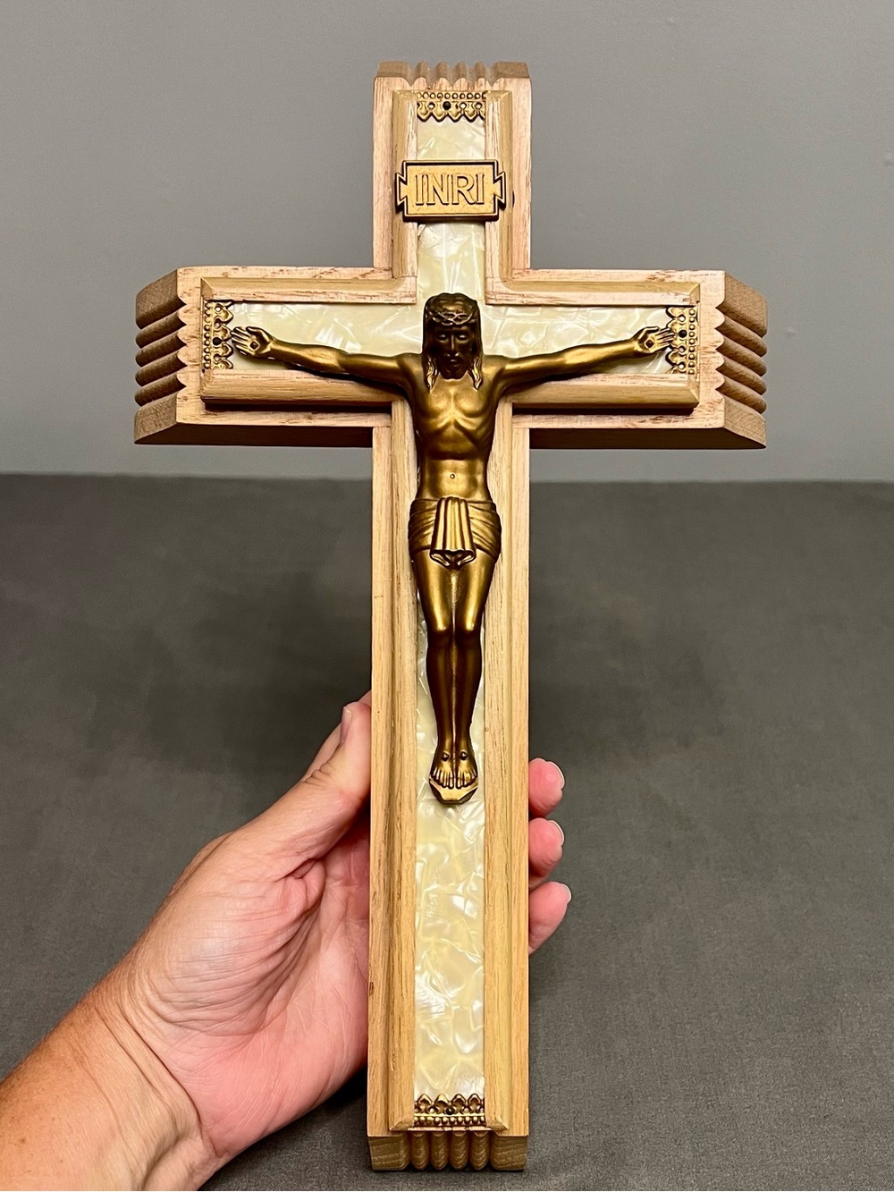 VTG INRI Inlay Wood Crucifix Wall Cross Last Rites W/ Candles & Holy Water 13”
